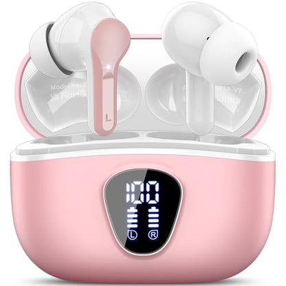 Wireless Earbuds, Bluetooth 5.4 Headphones HiFi Stereo, Bluetooth Earbuds with ENC Noise Cancelling Mic, IP7 Waterproof in Ear Earphones, 48H, LED Display Ear buds for Pad Phone Workout Sports, Pink - color: Pink