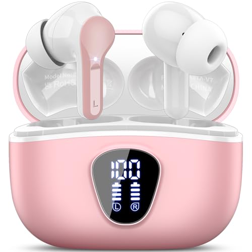 Wireless Earbuds, Bluetooth 5.4 Headphones HiFi Stereo, Bluetooth Earbuds with ENC Noise Cancelling Mic, IP7 Waterproof in Ear Earphones, 48H, LED Display Ear buds for Pad Phone Workout Sports, Pink - color: Pink