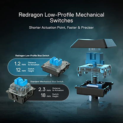 Redragon K618 PRO Wireless Ultra-Thin Gaming Keyboard, Macro & Media Scroll | 0-Delay Tri-Mode, 5 On-Board Keybinding G Buttons for MMO MOBA Games, Dedicated Media Control, Easy-Switch Win/Mac Compatible - color: Blue Switch, size: K618 Wireless