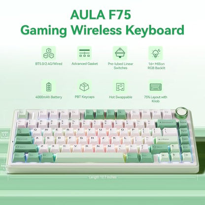 Aula F75 Gaming Keyboard, 75% Wireless Keyboards RGB Backlit with Knob, Tri-Mode Hot Swappable Mechanical Keyboard for PC Gamer - Green - color: White Green