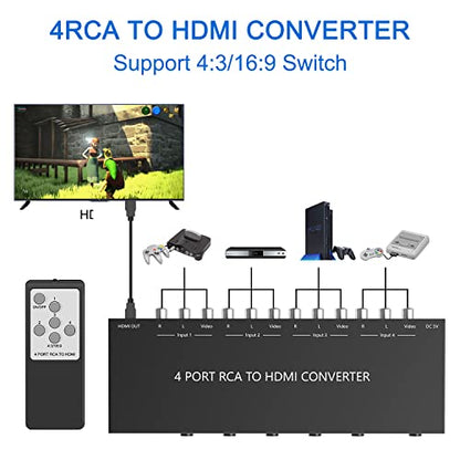 4 AV to HDMI, 1080P/720P 4 Way RCA Composite CVBS AV Switch to HDMI Converter Adapter Support 4:3/16:9 Switching, for Sega Xbox PS1 PS2 PS3 N64 NGC SNES WII VHS VCR Camera DVD （with Remote） - style: 4 RCA Converter