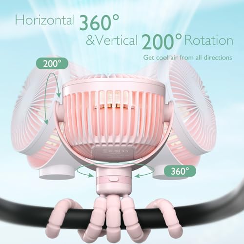Momcozy 8000mAh Portable Stroller Fan, 27H Ultra-long Battery Life Detachable 4 Speed 360°Rotate LED Night Light with 2 Modes, USB Rechargeable Handheld Cooling Fan for Travel/Car Seat/Bedroom - color: Pink