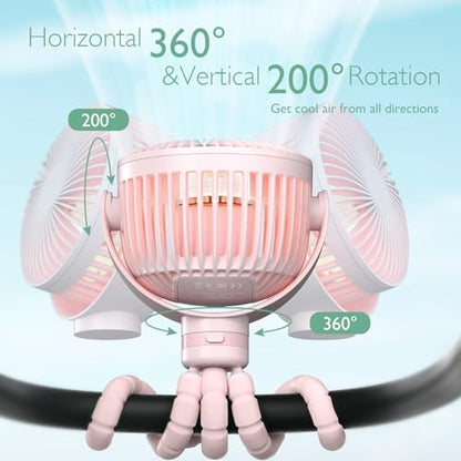 Momcozy 8000mAh Portable Stroller Fan, 27H Ultra-long Battery Life Detachable 4 Speed 360°Rotate LED Night Light with 2 Modes, USB Rechargeable Handheld Cooling Fan for Travel/Car Seat/Bedroom - color: Pink