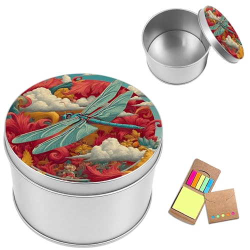 Metal Round Storage Containers Box with Lid, Metal Tins Organizer Box for Earring Jewelry Craft Trinket Keys Watch, Vibrant Dragonfly Design Decorative Storage Case with Notepad - color: Vibrant Dragonfly