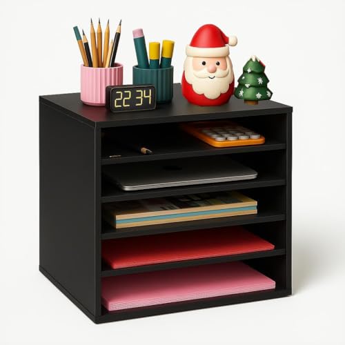 EMERIT 4-Tier Adjustable Paper Organizer, Large Capacity Book Shelf for Textbooks/Magazines/Office Files, Wooden Dividers, 7 lbs per Shelf, Black - color: 5 Tier-black