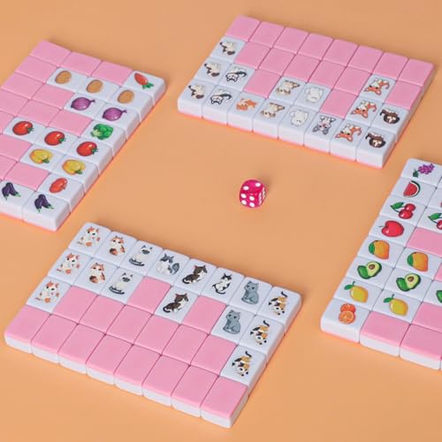 GRACIAS 4 Players Mahjong Block Set, 128 Pink Tiles(1.18”) with Animal and Food Pattern, Portable Mahjong Set with A Carry Bag, Mahjong Tile Game - color: Pink