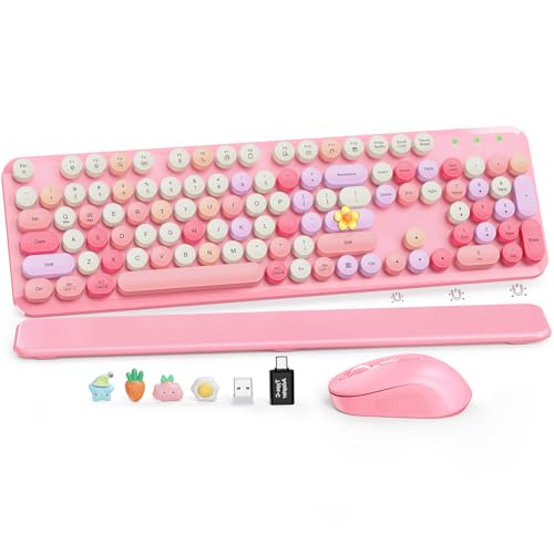 Wireless Keyboard and Mouse Combo, Retro Typewriter Style Keyboard with Round Keycaps, Magnetic Wrist Rest, Full-Size 2.4GHz Cordless for Mac, Windows PC, Laptop, SABLUTE CK23, Cotton Candy Pink - color: Cotton Candy Pink