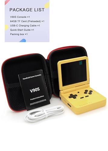 Powkiddy V90S Retro Handheld Console - 10,000+ Preloaded Games, Foldable Clamshell Design, 3.5" IPS Screen, 4-6 Hour Battery, Dual TF Slots (Yellow) - style: Yellow