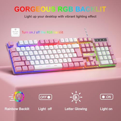 BlueFinger RGB Gaming Keyboard and Backlit Mouse Combo, USB Wired, LED Gaming Set for Laptop PC Computer Game and Work (Pink & White) - color: Pink & White