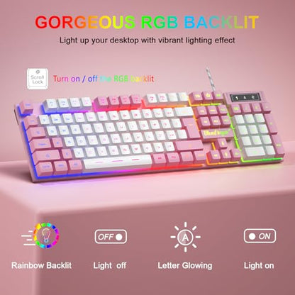 BlueFinger RGB Gaming Keyboard and Backlit Mouse Combo, USB Wired, LED Gaming Set for Laptop PC Computer Game and Work (Pink & White) - color: Pink & White