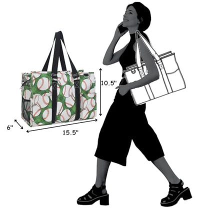 NGIL Utility Water Resistant Tote Bag | Work Tote for Women, Nurse Bag, Teacher's Choice Purse, Gym Bag, Everyday Organizer Top Zipper Closure - color: Baseball Field- Black