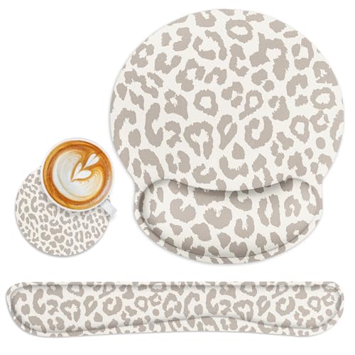 Ergonomic Mouse Pad Set with Wrist Rest, Leopard Animal | Skin Light Khaki Non-Slip Rubber Base Wrist Cushion Support and Coasters Mousepad with Wrist Support for Computer Keyboard - color: Light Khaki