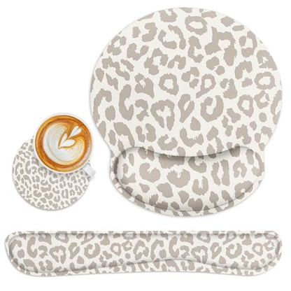 Ergonomic Mouse Pad Set with Wrist Rest, Leopard Animal | Skin Light Khaki Non-Slip Rubber Base Wrist Cushion Support and Coasters Mousepad with Wrist Support for Computer Keyboard - color: Light Khaki