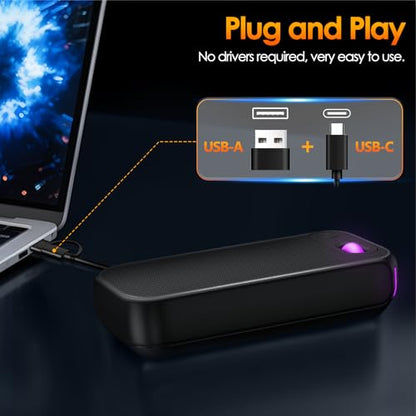 USB-A/USB-C Computer Speakers for PC Desktop | Wired Speakers with RGB Lights/Stereo Sound/Enhanced Bass,Portable Mini Sound-bar for Monitor/Laptop/PC/Smartphones/Tablets