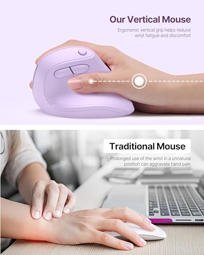 Ergonomic Mouse, USB+Bluetooth Dual Connection, Wireless Vertical Mouse for Reducing Wrist Pain, 1000/1600/2400 DPI, Ergo Mouse with Quiet Click for Windows Mac OS PC Computer Laptop, Purple - color: Purple