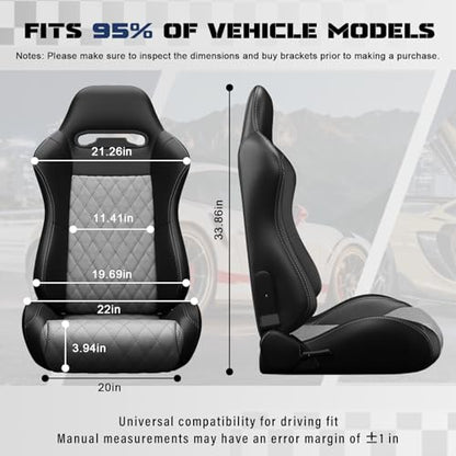 2 Pcs Adjustable Universal Racing Seats with Double Sliders, Reclinable Bucket Seats Plaid, 1 Pair of Sport Seats for Vehicles (Black T) - color: Black T