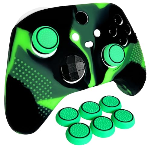 Anti-Slip Green Black Controller Skin,Studded Edition Protective Silicone Cover Skin Grips Compatible with Xbox Series X/S Controller and 6 PCS Thumb Grips Caps. - color: Green Black