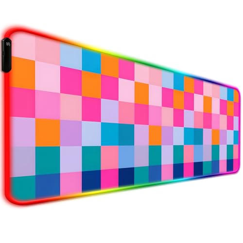 RGB Retro Coloful Checkered Gaming Desk Mat, Computer Keyboard Large Extended Long LED Mouse Pad for Office and Home, XL (W20) - color: Rgb-w20