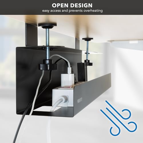 Mount-It! Under Desk Cable Management Tray – Clamp-On No-Drill Metal Cable Management Tray for Desk & Standing Desk, Wire & Cord Organizer for Power Strips, Glass Desks – 23.6” Black