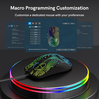 dagaladoo Black Wired Gaming Mouse, 12800 DPI RGB Gaming Mouse with 7 Lighting Effects, PC Gaming Mice Support DIY Keybinding, Mouse Gamer Computer Mouse for Laptop PC Mac Windows,Topographic