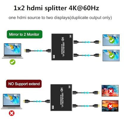 4K@60Hz 1x2 HDMI Splitter 4:4:4,18 Gbps,2 Port Powered HDMI 2.0 Splitter 1 in 2 Out Support Dual Monitors,Only Duplication/Mirror Screens (Not Extend) for HDTV/PS5 - size: 4K@60Hz 1x2 splitter