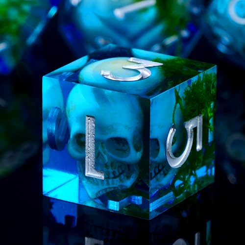 Froggod Blue Moss & Skull DND Dice Set with Gift Box for DND RPG, 7Pcs | Blue resin DND role playing dice with moss skull design and sharp edges for MTG, tabletop games and collectors - color: Blue