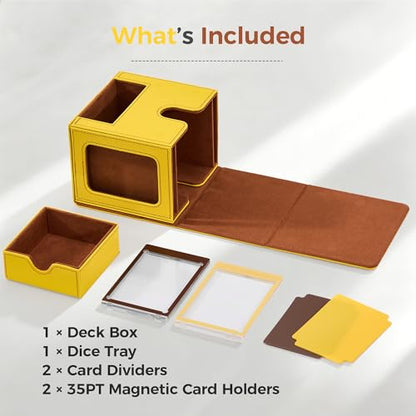 MTG Commander Deck Box with Dual Display Windows and Dice Tray | Fits 100 Double-Sleeved Cards, PU Leather, 2 Magnetic Card Holders, 2 Dividers, Yellow & Brown - color: 3. Yellow & Brown