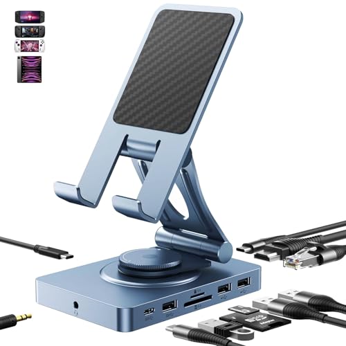 360° Rotating USB C Docking Station for iPad Pro, Tablet, Samsung, Steam Deck, ROG Ally, Legion Go, Msi Claw, etc, 11-in-1 with SD TF 4.0 Reader, 4K@60Hz HDMI, RJ45, Audio, USB A, USB C - style: Without Charger