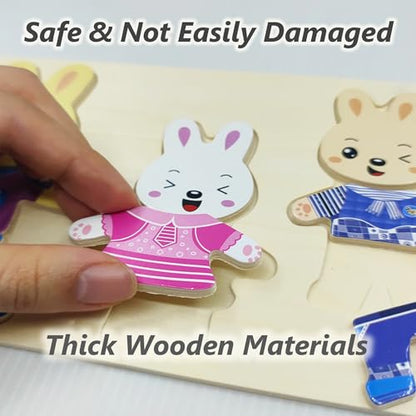 Wooden Bunny Family Dress-up Puzzle Box for Toddlers(72pcs),Change Clothes Puzzle Games, Preschool Learning Activities Toys for Kids Ages 3+ - color: Bunny