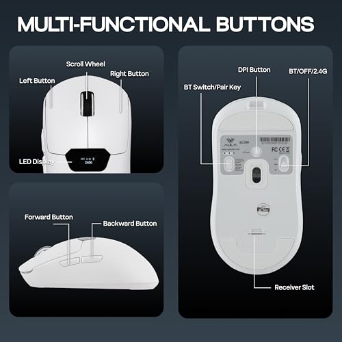MechLands Aula SC390 Lightweight Gaming Mouse with Display Screen | 2.4G/USB-C/BT Wireless Mouse w/ 400mAh Battery, Adjustable 20,000 DPI, 1000 Polling Rate, PAW3311 Sensor, for Win/Mac (White) - color: White