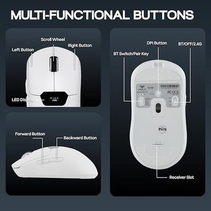 MechLands Aula SC390 Lightweight Gaming Mouse with Display Screen | 2.4G/USB-C/BT Wireless Mouse w/ 400mAh Battery, Adjustable 20,000 DPI, 1000 Polling Rate, PAW3311 Sensor, for Win/Mac (White) - color: White