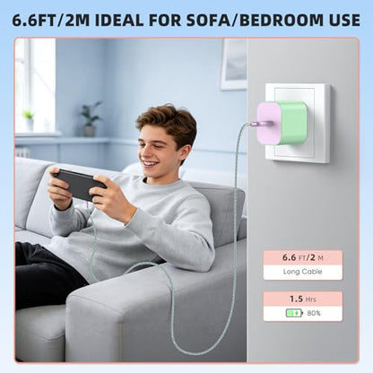 Switch 2 Charger with 6.6FT/2M USB-C Cable - 60W AC Power Adapter, Support 4K TV Dock & PD3.0 Fast Charging,Power Supply 20V/3A Charger for Nintendo Switch 2,Wii Charger(6.6FT - Pastel Green & Purple) - size: 6.6FT (Pastel Green & Purple)