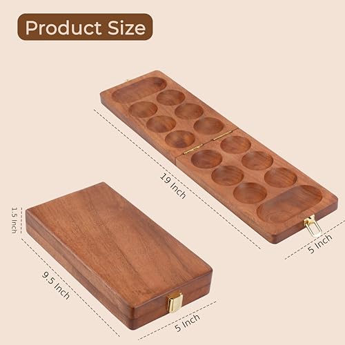 Ajuny Wooden Mancala Board Game Folding Travel Set with 80 Marbles 2 Player | Classic Counting Strategy Activity for Kids Adults Families Portable Entertainment Educational Tabletop Indoor Fun Night Play - size: 9.5 Inch