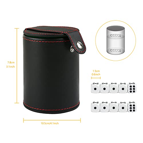 GWHOLE Leather Dice Cup Set with Storage Compartment Felt Lining Shaker with 5 Dot Dices for Farkle Yahtzee Games Playing Birthday Gift, Green - color: Green