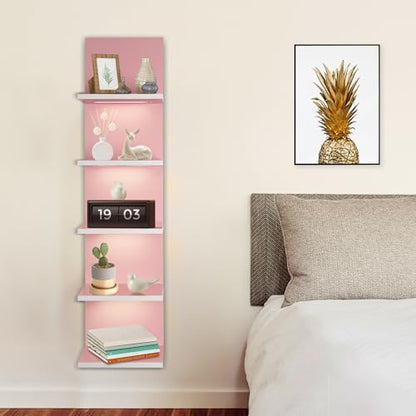 5 Tier Pink Wall Shelf Unit | Wall Shelves for Bathroom, Bedroom, Vanity, Wall Mount Vertical Lack Shelf, With LED - color: Pink