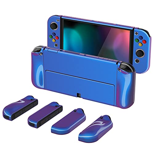 PlayVital AlterGrips Protective Slim Case for Nintendo Switch OLED, Ergonomic Grip Cover for Joycon, Dockable Hard Shell for Switch OLED w/Thumb Grip Caps & Button Caps - color: Glossy Chameleon Purple Blue