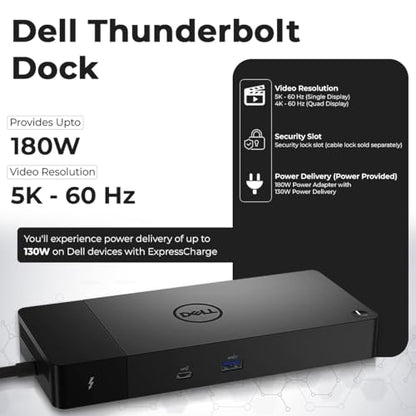 Dell WD22TB4 Thunderbolt 4 Dock - 1 Year Warranty, 40Gbps USB-C/USB A, Dell Docking Station w/ 180W Adapter, HDMI, DisplayPort, USB-C Cables - Supports 4K Displays & Upto 3 Monitors (Renewed)