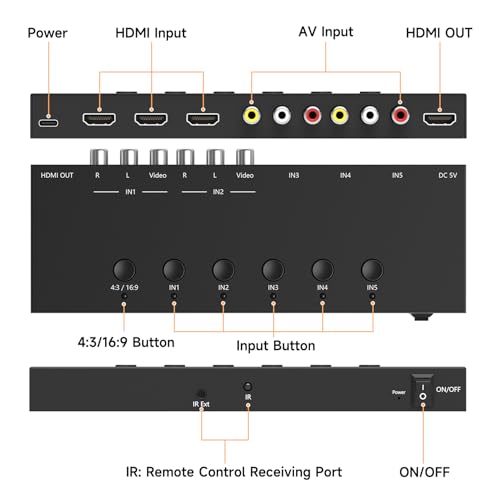 5 in to 1 Out RCA/HDMI Switcher，3 Way HDMI 2.0 + 2 RCA to HDMI Converter, Support 4:3/16:9 4K and 3D for PS1/2/3/4/5, N64, SNES, Switch, DVD, Roku, etc. - color: 5 in to 1 Out RCA/HDMI Switcher