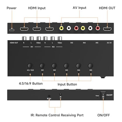 5 in to 1 Out RCA/HDMI Switcher，3 Way HDMI 2.0 + 2 RCA to HDMI Converter, Support 4:3/16:9 4K and 3D for PS1/2/3/4/5, N64, SNES, Switch, DVD, Roku, etc. - color: 5 in to 1 Out RCA/HDMI Switcher
