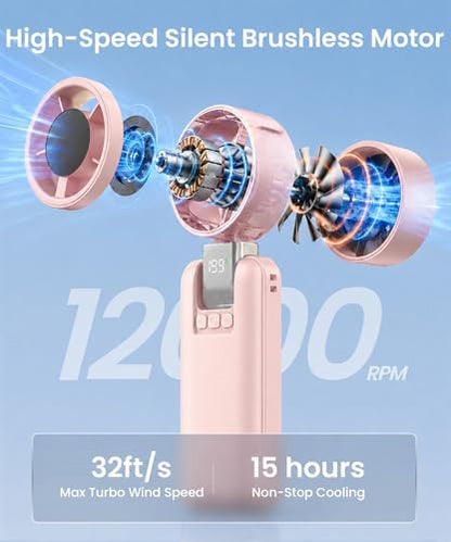 2 Pack Portable Mini Handheld Fan, 199-Level Speed, Black+Pink | 4000mAh Rechargeable Battery, Quiet, LED Digital Display, Personal Cooling Turbo Fan for Travel, Office, Makeup & Concerts - color: Black+Pink