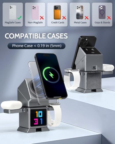 ModiTech 7 in 1 Wireless Charging Station for Apple-25W Qi2.2 Certified | Magnetic Magsafe Charger Stand for iPhone 17/16/15/14/13/12-Apple Watch-Airpods Series, Grey with Adapter - color: Grey