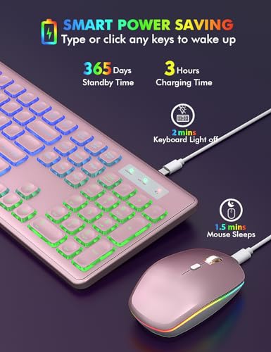 Wireless Keyboard and Mouse Combo, RGB Backlit, Trueque KM42Pro | RGB Rainbow Backlit, Rechargeable Keyboard Mouse, Sleep Mode, 2.4GHz Wireless, Silent Soft Typing, USB-C Adapter - color: Rose Pink
