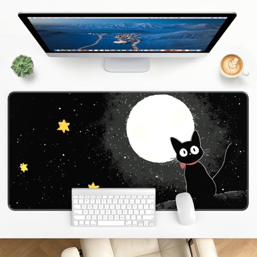 Large Gaming Mouse Pad, XL Desk Protector, Non-Slip Base | 31.5x15.7 in Extended Desk Mat with Stitched Edges for Keyboard, Work, Game, Office, Home PC and Laptop - color: Moon Cat
