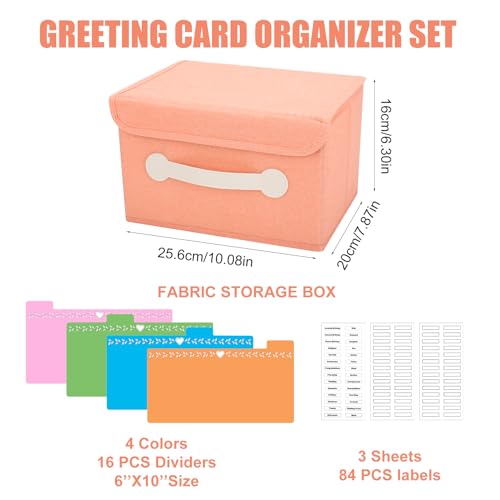 Collapsible Greeting Card Storage Box with 16 Dividers, Ideal for Cards, Recipes, Photos, Envelopes - Pink, 84 Labels - color: Pink