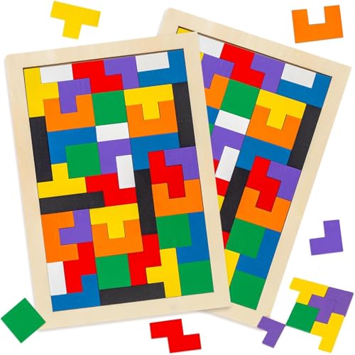 3 Otters Wooden Tangram Puzzle, 2-Pack Russian Blocks Brain Teaser | 3D Russian Blocks Intelligence Toy, STEM Montessori Educational Gift for Kids, Homeschool, Classroom, and Screenless Play