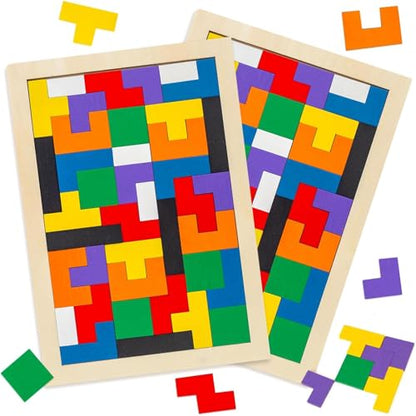 3 Otters Wooden Tangram Puzzle, 2-Pack Russian Blocks Brain Teaser | 3D Russian Blocks Intelligence Toy, STEM Montessori Educational Gift for Kids, Homeschool, Classroom, and Screenless Play