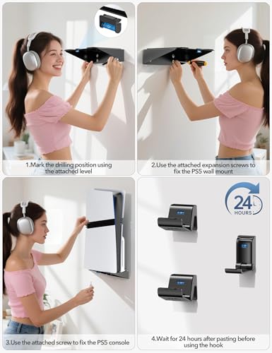 PS5/Slim/Pro Wall Mount with Headset & Controller Holder, Premium PS5 Metal Shelf Floating Mount, Universal 2 Packs Controller Stand and Headphone Stand, Game Accessries for All Playstation 5 Console