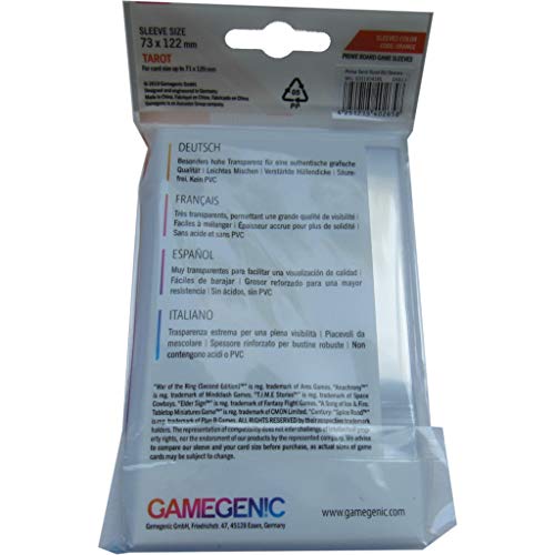 Prime Board Game Sleeves | Pack of 50 Extra-Clear Sleeves | 72 by 122 mm Card Sleeves Optimized for Use with Tarot Cards | Premium Card Protection | FFG Orange Color Code | Made by Gamegenic