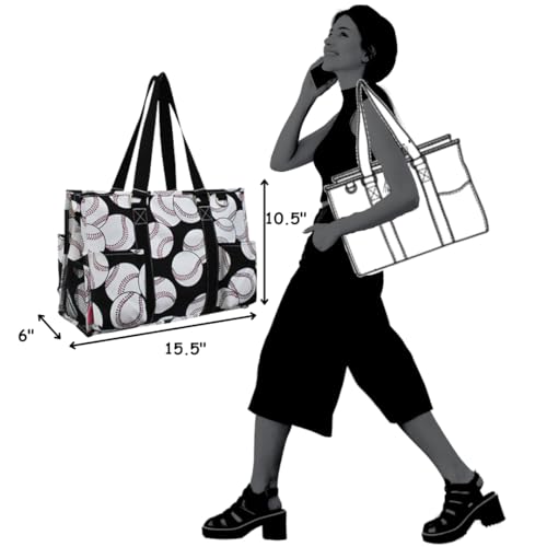 NGIL Utility Water Resistant Tote Bag | Work Tote for Women, Nurse Bag, Teacher's Choice Purse, Gym Bag, Everyday Organizer Top Zipper Closure - color: Baseball- Black