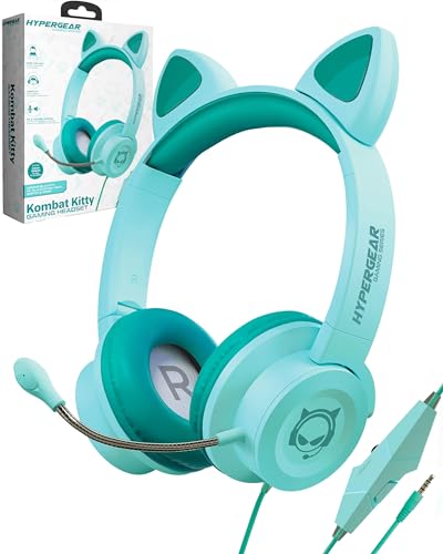 HyperGear Kombat Kitty Headphones for Kids Headphones with Cord Cute Cat Ear Kid Wired (Teal) Gaming Headset for Girls w/Mic Toddler Corded Headphone for Kids for School, Home, Streaming, Recording - color: Teal
